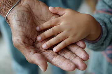 Fototapeta premium close-up photo of grandmothers hand resting on granddaughters palm, wrinkled skin and contrast of generations, 