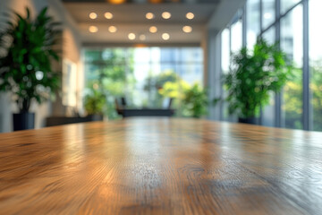 Modern office interior. Wooden empty table in front, blurred background.