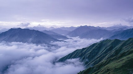 Misty mountain peaks pierce a sky of lavender hues.