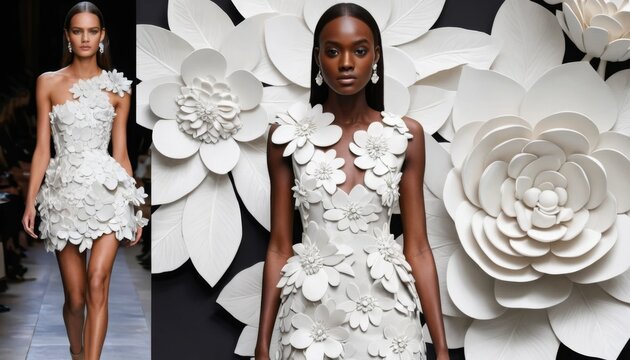 Stunning White Floral Fashion Dress Runway Model Haute Couture 3D Flowers