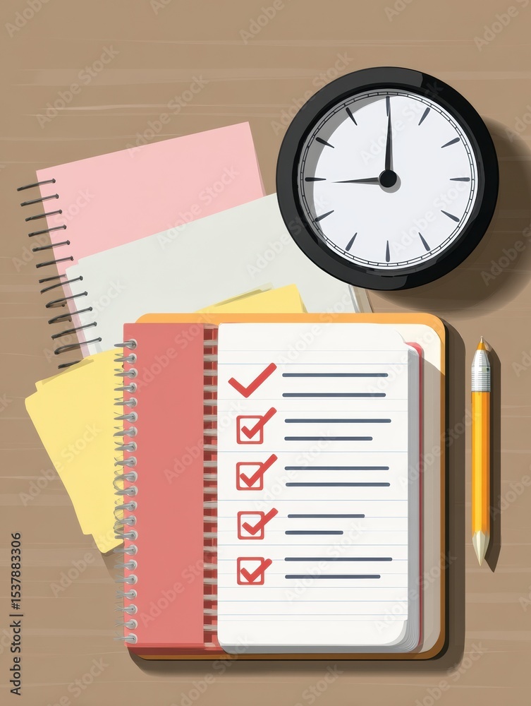 Aufkleber effective time management with clock, checklist, and notebooks for task organization