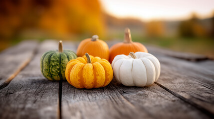 Colorful miniature pumpkins arranged on rustic wooden deck in autumn light