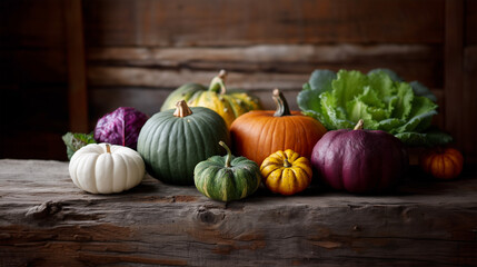 Rustic autumn harvest display featuring colorful pumpkins and fresh vegetables