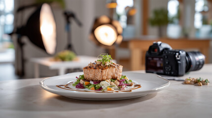 Professional food photography setup with gourmet dish and camera equipment