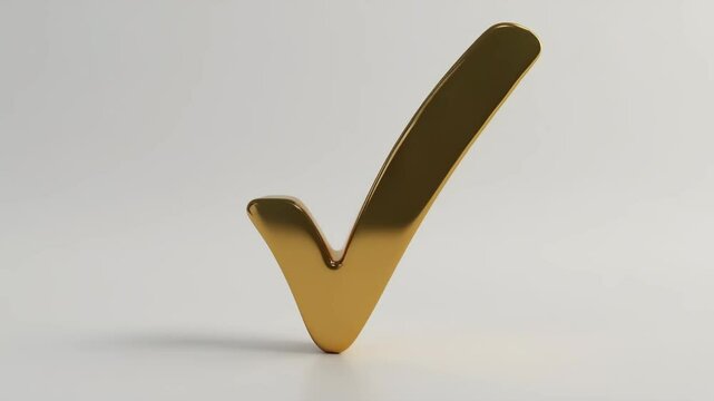 A shiny gold tick mark with a reflective surface, symbolizing confirmation or the correct choice, isolated on a neutral background