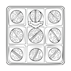 Pill organizer line drawing featuring smooth sketch-style strokes in a refined black and white vector design.