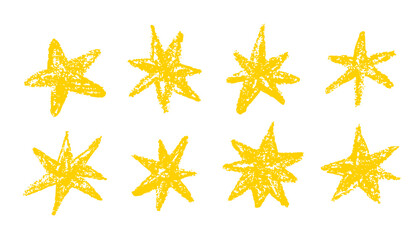 Crayon childish stars set. Vector hand drawn pencil icons. Chalk lines design elements, doodle sketch drawing