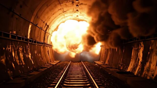 explosion stock footage - Dramatic explosion in a dark tunnel with smoke billowing, illuminating the railway tracks, creating a tense and dynamic atmosphere