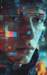 A close-up of a young man's face digitally fragmented into colorful glitch-like blocks, blending human features with abstract cyber elements.