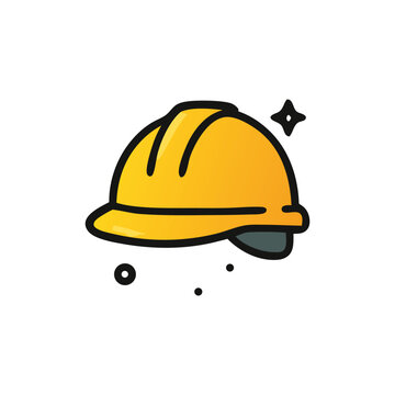 Illustration of a yellow hard hat with black outline and sparkles.
