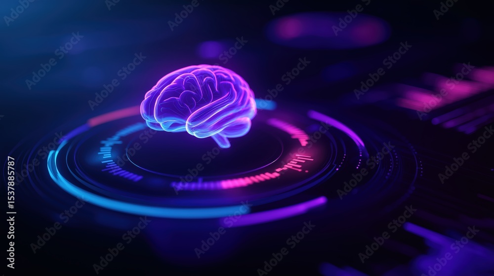 Wall mural a glowing digital brain hologram floats above a futuristic interface with neon blue and purple circu
