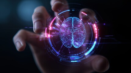 A futuristic holographic brain projection is manipulated by a human hand, symbolizing advanced technology and digital neuroscience.
