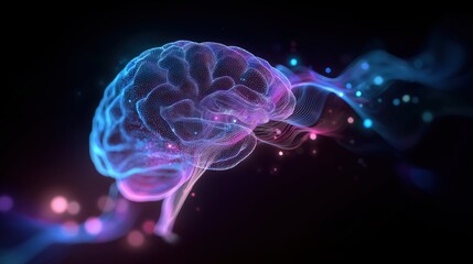 A digital, glowing 3D brain model with neon blue and purple highlights set against a dark background, symbolizing neural activity and advanced technology.