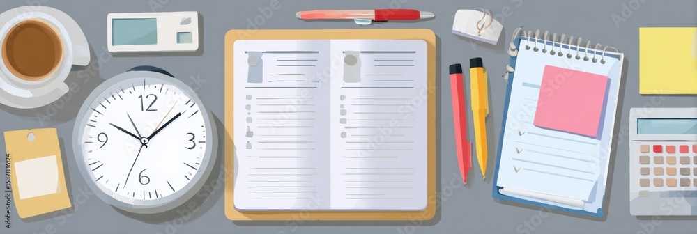 Poster time management tools including a clock, notebook, and essential tasks promote productivity and orga