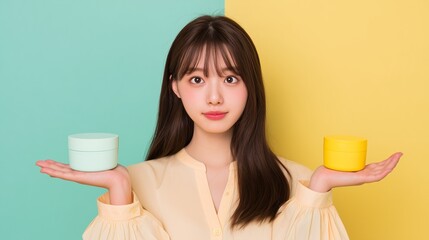 両手に容器を持ちどちらか悩む若い女性