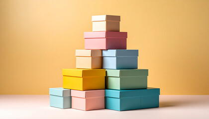 Neatly Stacked Colorful Cardboard Boxes in Pyramid Shape under Soft Yellow Light.stack, studio shot, balance, cargo, colourful, commerce, delivery, distribution, efficiency, good, growth, inventory,