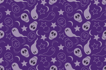 Seamless Halloween pattern with ghosts stars skulls and crescent moons