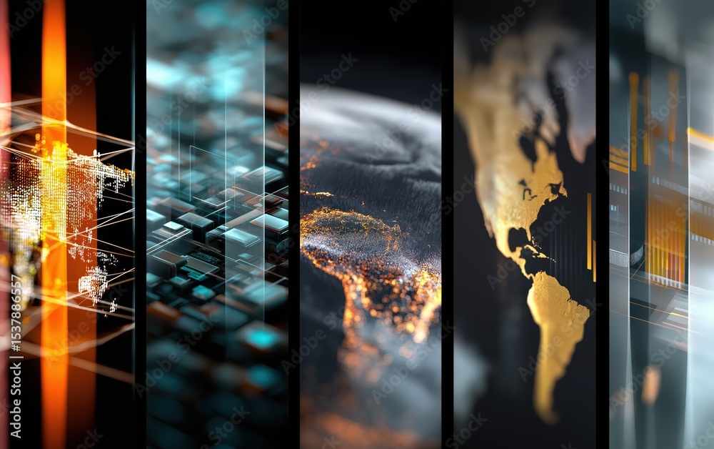 Wall mural a futuristic digital collage showcasing abstract data grids, glowing circuits, and illuminated world