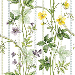 Floral Pattern Watercolor Wildflowers and Delicate Vines Seamless Design
