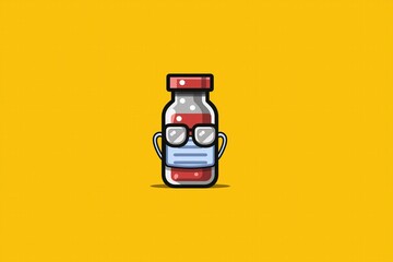 A quirky cartoon medicine bottle character wears glasses and a face mask against a bright yellow background.