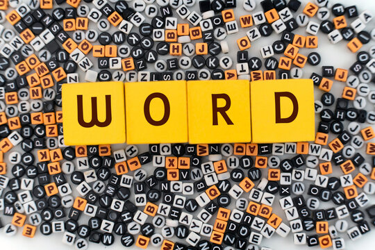 A yellow block labeled 'WORD' amid scattered letters symbolizing how language takes shape from fragments to form meaning and connection