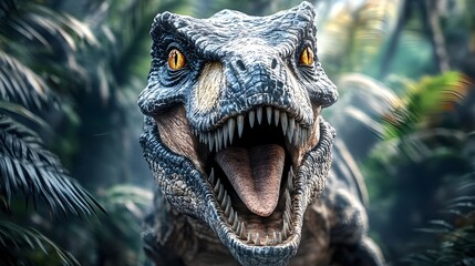 Realistic velociraptor dinosaur portrait with open mouth and sharp teeth in jungle background image render