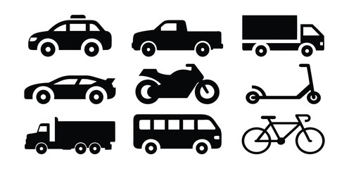 Transportation icon silhouette set. Vehicle Silhouettes and Transport Icon Collection. Commercial Vehicle Icon set. Transportation Icons, vehicles, car, truck, bus, motorcycle