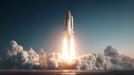 A space shuttle soaring into the sky with blazing flames