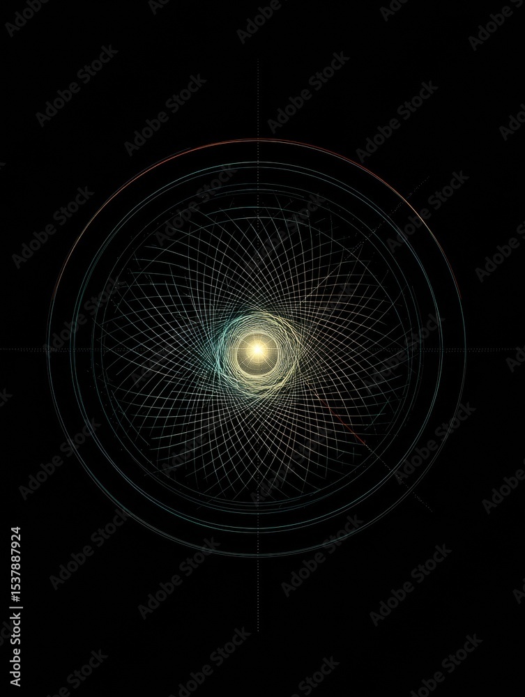 Poster Tension Lines Create Dynamic Patterns Around Glowing Orb in Dark Background