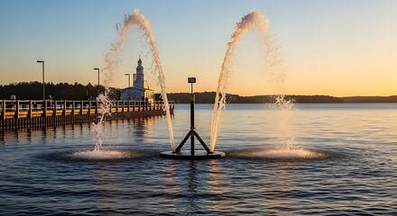 Fountain at Sunset on the River with the Pier in Background