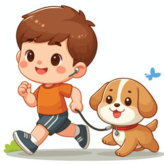 Cute boy cartoon vector jogging with dog