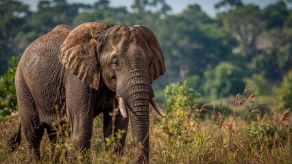 A large elephant stands in a grassy savanna.