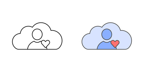 Obraz premium Cloud-based CRM icon with a cloud, person avatar, and heart, shown in outline and color styles, perfect for illustrating customer engagement and relationship management tools.