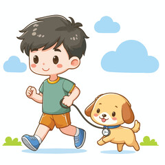Cute boy cartoon vector jogging with dog