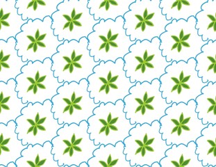 green flower turbine with blue cloud on white background, bright and light color, repeat pattern, replete image, design for fabric printing