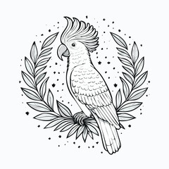 Cockatoo line drawing featuring smooth sketch-style strokes in a refined black and white vector design.