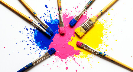 Fototapeta premium Vibrant Paint Splatter Artistic Tools