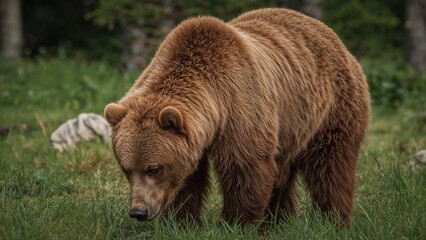 Obraz premium Brown bear foraging in a grassy meadow.