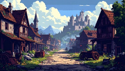 レトロゲーム風の自然なピクセルアート背景（廃墟となった町） Generative AI