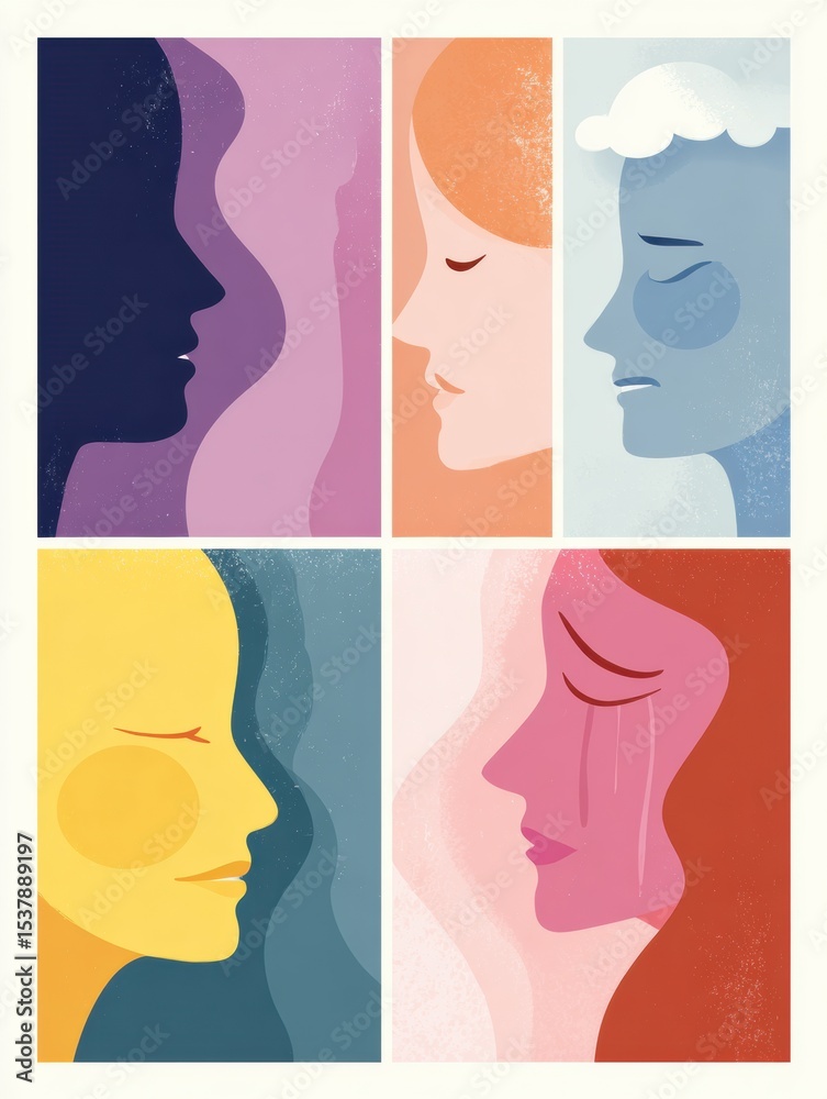 Poster Understanding Types of Emotional Boundaries Through a Colorful Chart Illustrating Various Facial Expressions and Emotional States