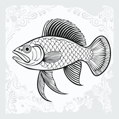 Fototapeta premium Arowana line drawing featuring smooth sketch-style strokes in a refined black and white vector design.