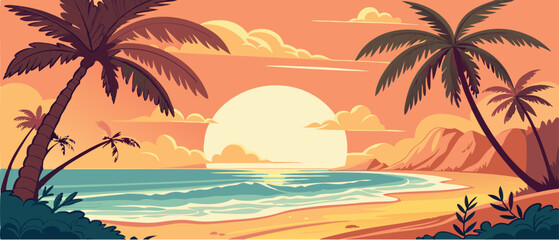 Sunset Over Tropical Ocean Beach with Palms