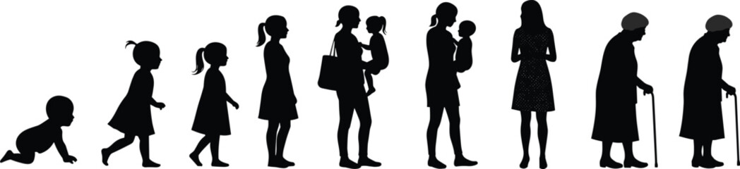 Female life stages silhouette from baby to elderly, aging process concept, woman development timeline, generational evolution, aging stages illustration, white background