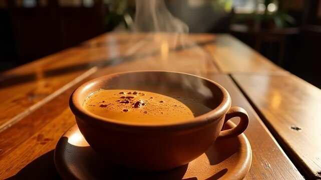 Steaming Chai Tea in a Rustic Kulhad Cup at a Busy Cafe A 4K Video of Aromatic Indian Drink