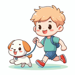 Cute boy cartoon vector jogging with dog