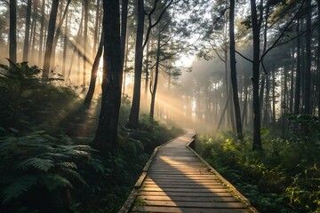 Fototapeta premium A tranquil forest path winds through the green trees, inviting a morning walk in nature