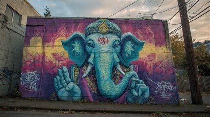 Obraz premium Vibrant mural of an elephant-headed deity on a city building.