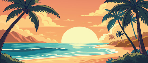 Sunset Over Tropical Ocean Beach with Palms