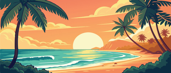 Sunset Over Tropical Ocean Beach with Palms