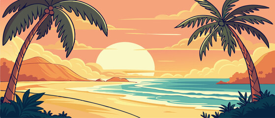 Sunset Over Tropical Ocean Beach with Palms